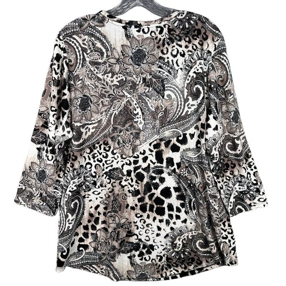 Chico’s Black White Animal Paisley Print Top Women’s Size 2/L/12 3/4 Sleeve - Picture 4 of 9